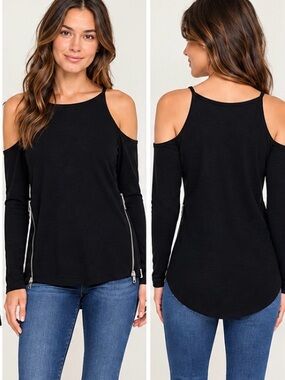 Marc New York Black Cold-Shoulder Top Side Zipper detail Sz XL